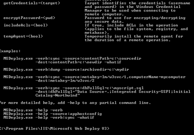 MSDeploy options in command window