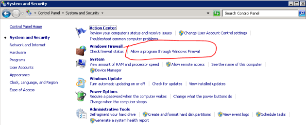 Allow program through firewall option