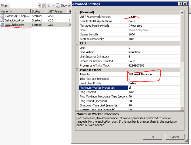 Changes to the application pool