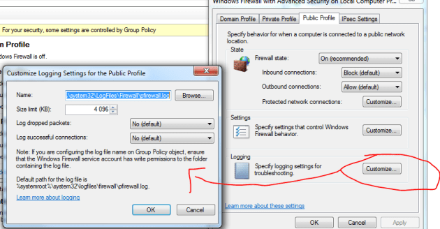 Open firewall logging settings