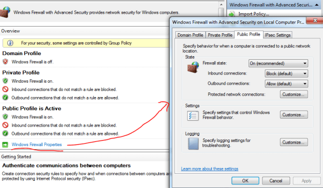 Open windows firewall properties