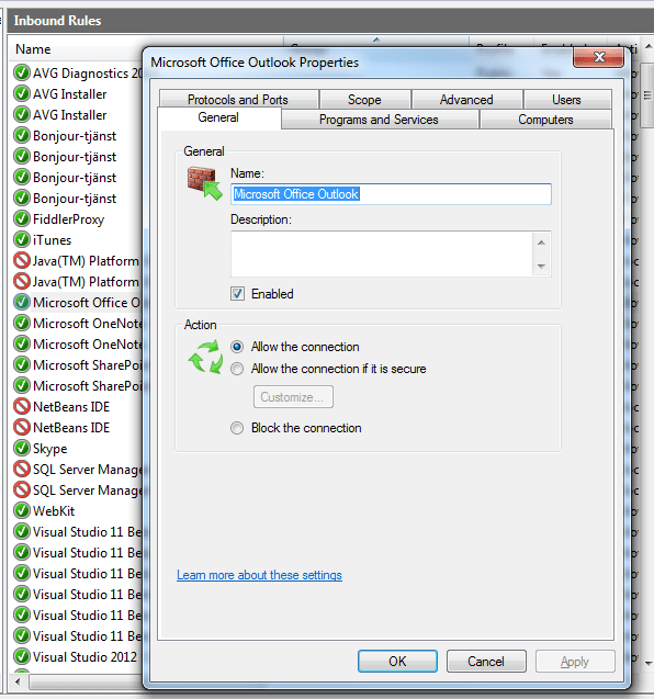 Properties window for updating inbound rules