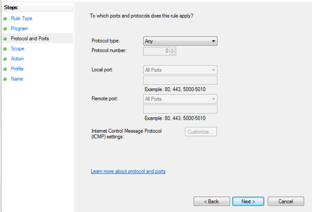 Protocol and ports inbound rule
