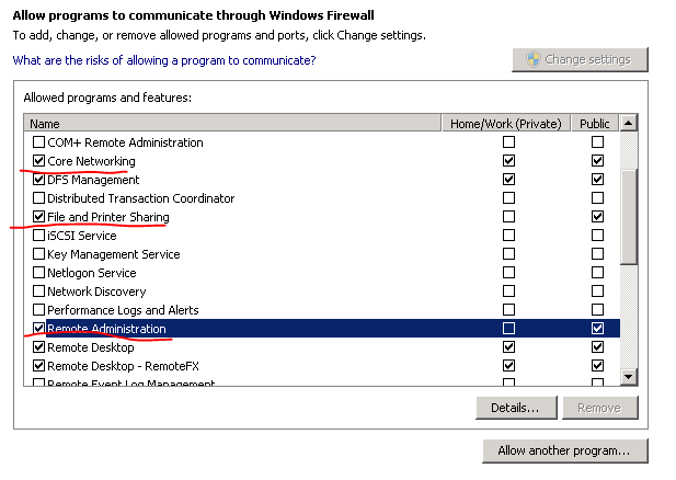 Select 3 options in allow programs through firewall window