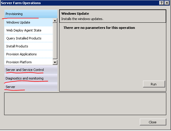 Server farm operations window