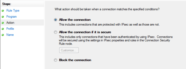 Inbound connection either blocked or allowed
