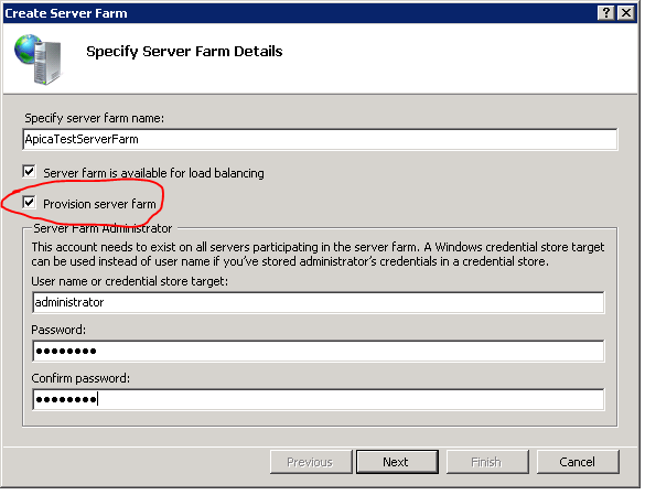 Specify server farm details