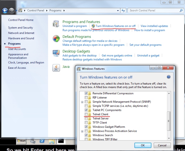 Turn on telnet client