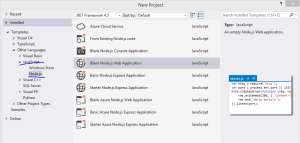 Available NodeJs templates in Visual Studio
