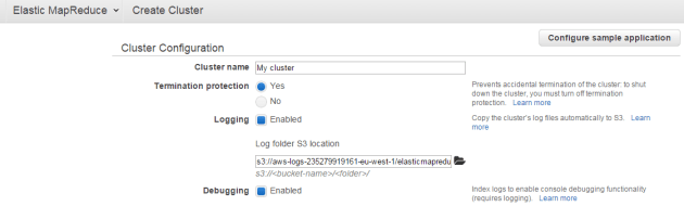 Create cluster dialog in Amazon Elastic MapReduce
