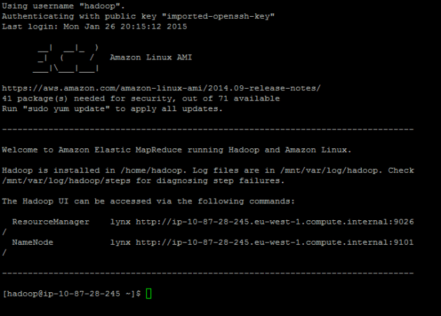 Successfully logged onto the EMR master node with Putty