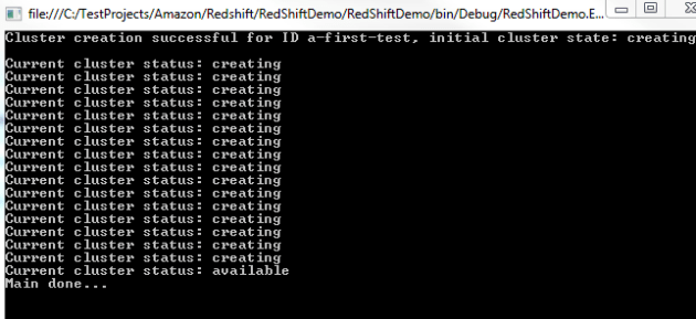 Amazon RedShift cluster creation console output