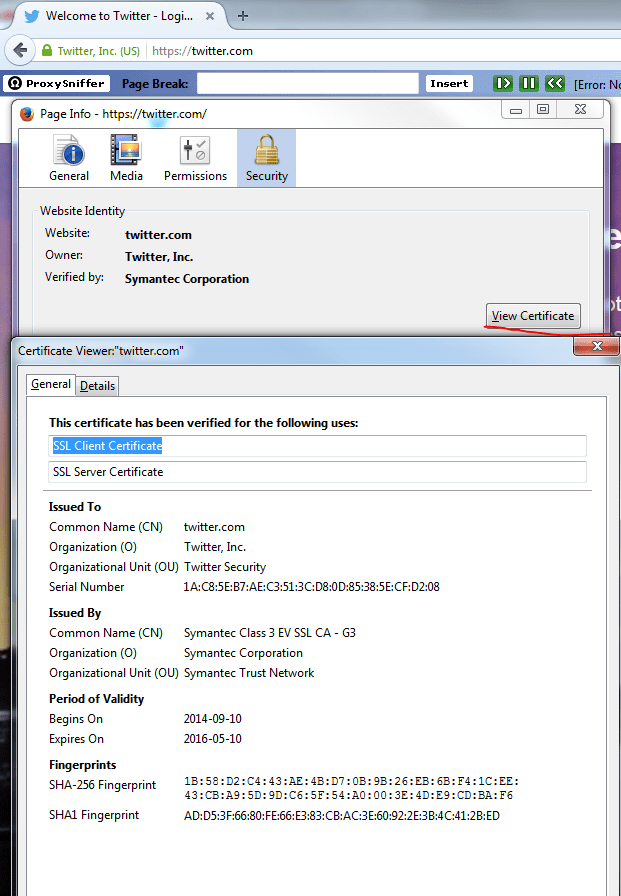Twitter server certificate details as seen in Firefox