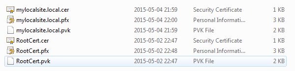 Certificates and private key files created by makecert in dedicated folder