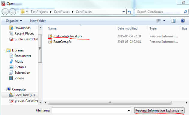 Change file type filter to pfx in order to import personal SSL certificate