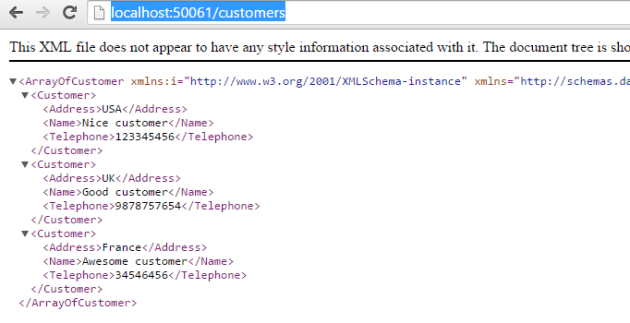 Customers list presented as XML