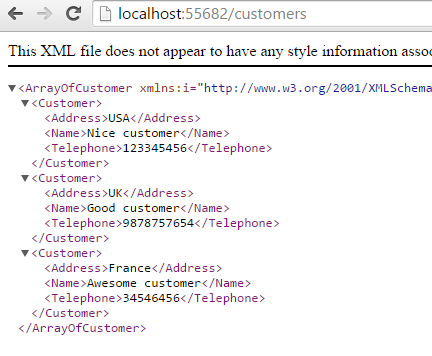 List of customers in XML format from Web API 2 project