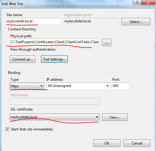 Adding local SSL site to IIS