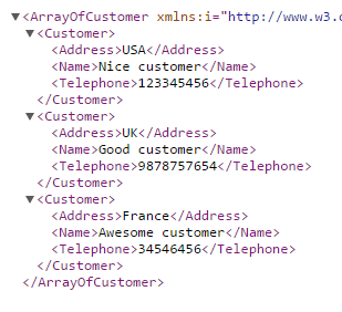 Array of customers shown in chrome as xml