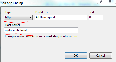Define HTTP binding for web site with host name