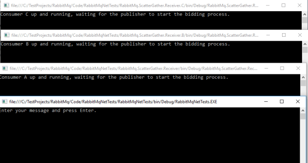 One publisher and three consumers shown for the scatter gather demo in RabbitMq