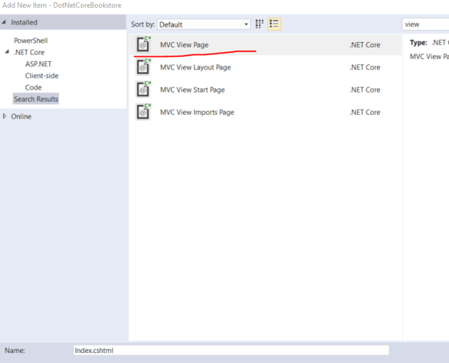 Insert a new Razor view into .NET Core web application