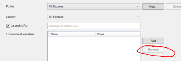 Remove environment variable for ASP.NET Core project in visual studio