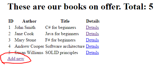 Click Add New action link on books UI of .NET Core application
