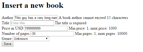 Data validation exception messages in book insertion form in .NET Core web application
