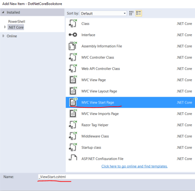 Inserting a view start file in .NET Core MVC project