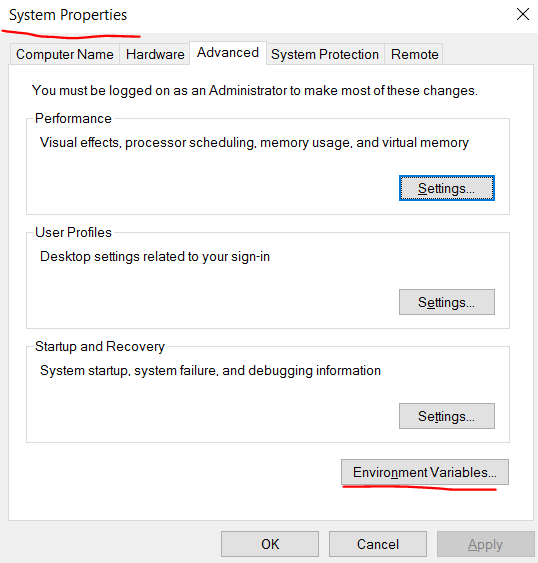 Environment variables button in System Properties