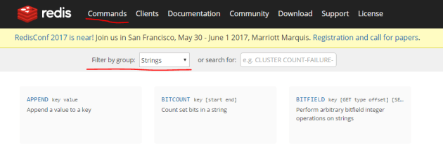 Redis documentation listing the available commands by data type