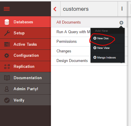 Create new document button in CouchDB Fauxton UI