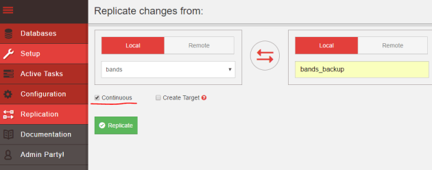 Set up continuous replication in CouchDB Fauxton UI