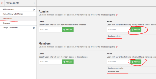 Add role based permissions to a database in Fauxton UI CouchDB