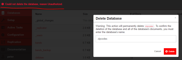 Cannot delete database despite being admin Fauxton UI CouchDB