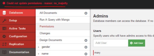 Failed to add new database admin as default user in Fauxton UI CouchDB