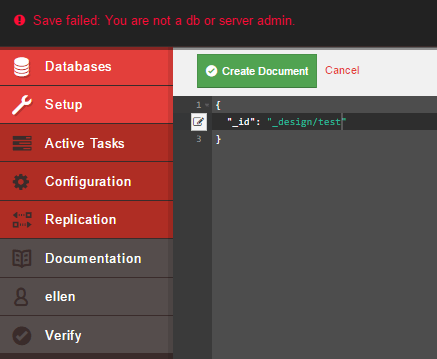 User failed to create a new design document due to restrictions Fauxton UI CouchDB