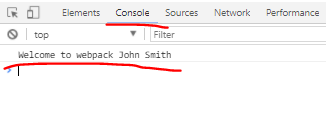 Google Chrome showing the console output of webpack generated file